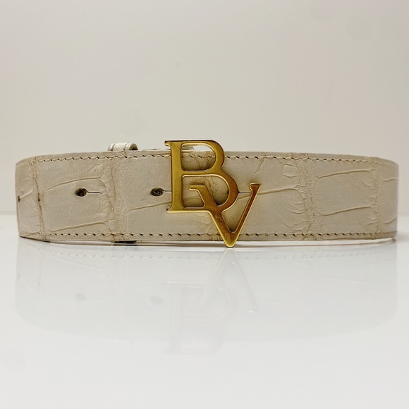RARE Vintage Bottega Veneta Gold BV Logo Monogram Cream Matte Crocodile Belt S